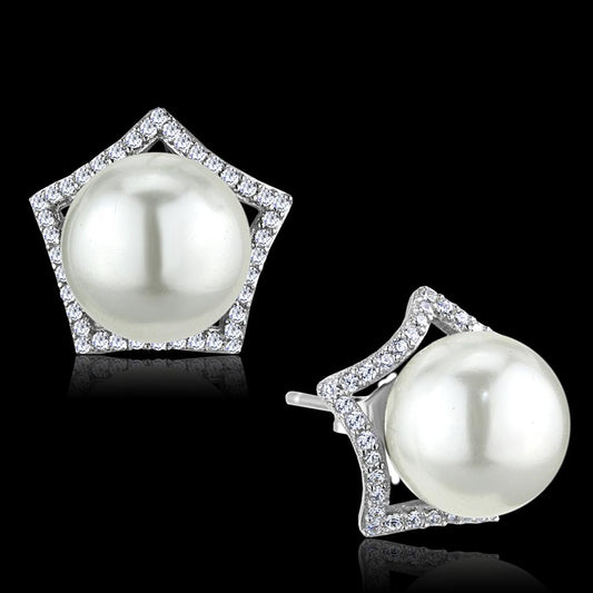 TS300 - Rhodium 925 Sterling Silver Earrings with Synthetic Pearl in White-0