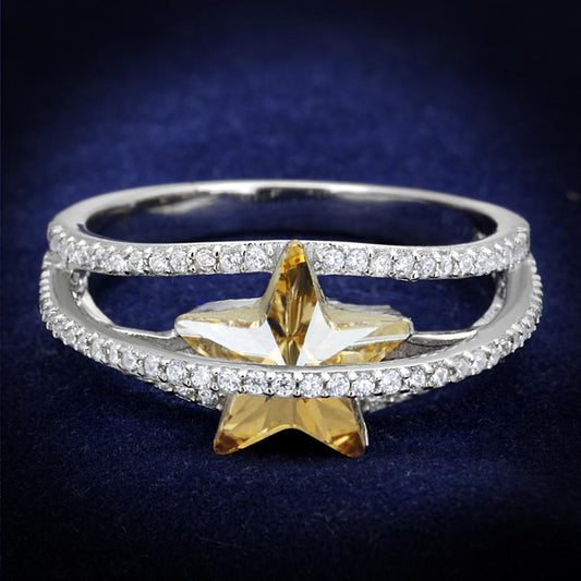 TS315 - Rhodium 925 Sterling Silver Ring with Top Grade Crystal in Citrine Yellow-0