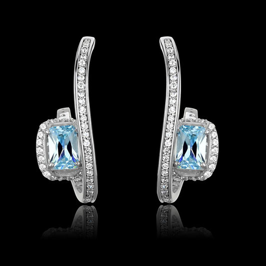 TS442 - Rhodium 925 Sterling Silver Earrings with AAA Grade CZ in Sea Blue-0