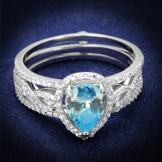 TS453 - Rhodium 925 Sterling Silver Ring with AAA Grade CZ in Sea Blue-0