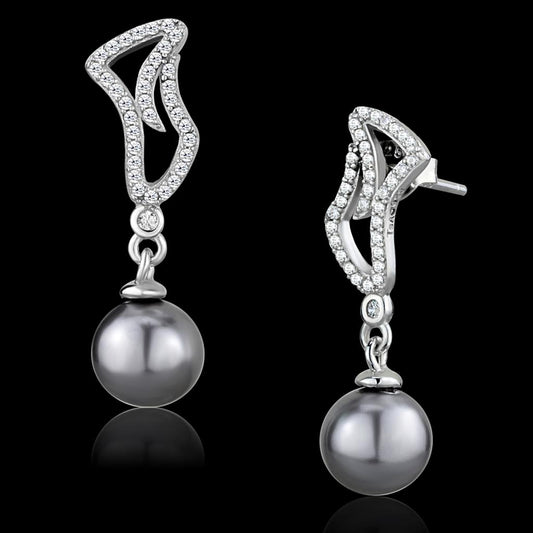 TS479 - Rhodium 925 Sterling Silver Earrings with Synthetic Pearl in Gray-0