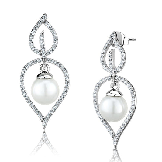 TS510 - Rhodium 925 Sterling Silver Earrings with Semi-Precious Glass Bead in White-0