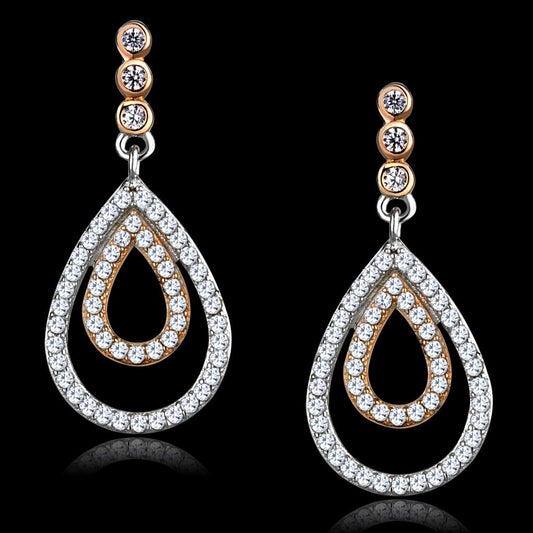 TS548 - Rose Gold + Rhodium 925 Sterling Silver Earrings with AAA Grade CZ in Clear-0