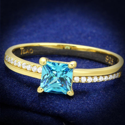 TS559 - Gold 925 Sterling Silver Ring with AAA Grade CZ in Sea Blue-0