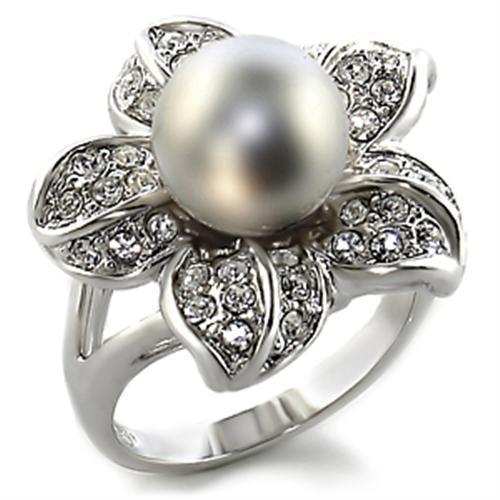 0C108 - Rhodium Brass Ring with Synthetic Pearl in Gray-0