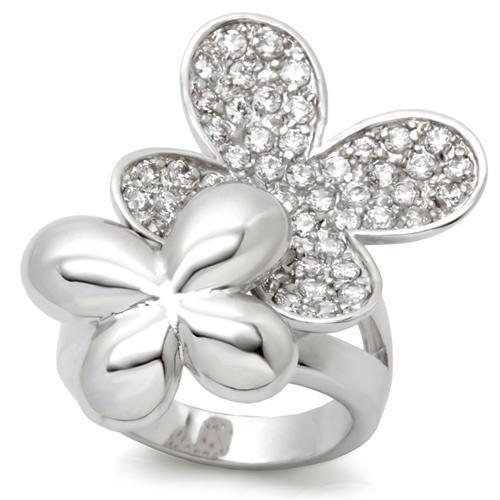 0W147 - Rhodium Brass Ring with AAA Grade CZ  in Clear-0