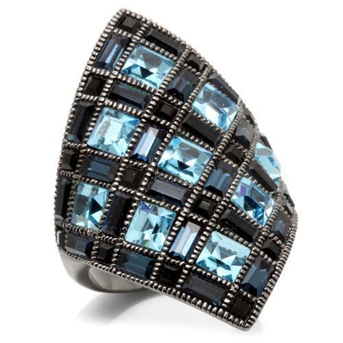 0W235 - Ruthenium Brass Ring with Top Grade Crystal  in Sea Blue-0
