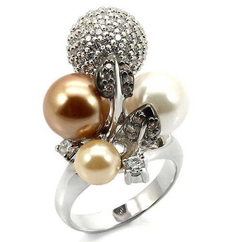 0W296 - Rhodium + Ruthenium Brass Ring with Synthetic Pearl in Multi Color-0