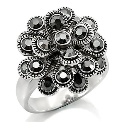 0W301 - Rhodium Brass Ring with Top Grade Crystal  in Jet-0