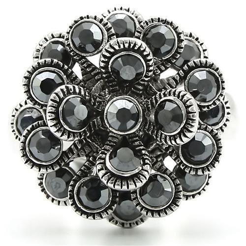 0W301 - Rhodium Brass Ring with Top Grade Crystal  in Jet-2