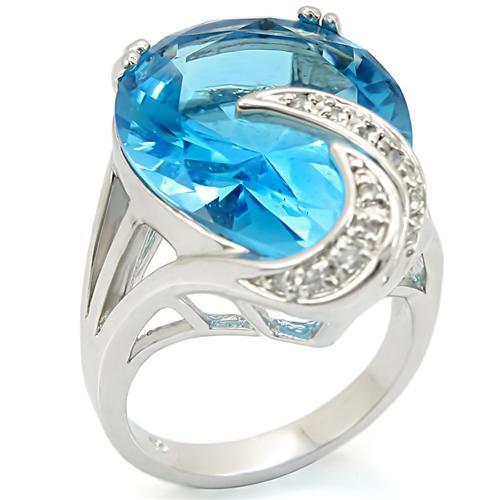 0W343 - Rhodium Brass Ring with Synthetic Synthetic Glass in Sea Blue-0