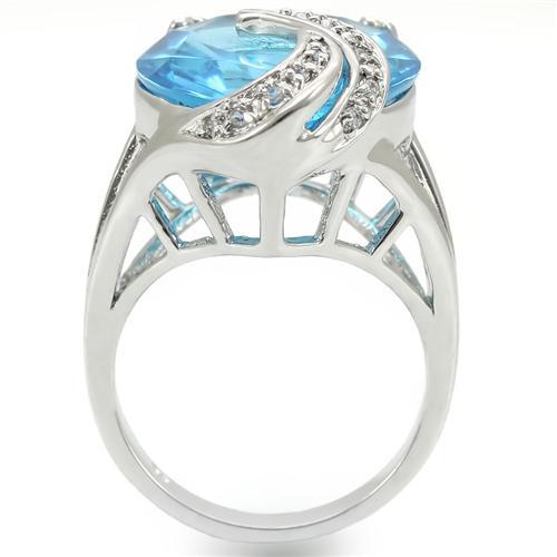 0W343 - Rhodium Brass Ring with Synthetic Synthetic Glass in Sea Blue-3