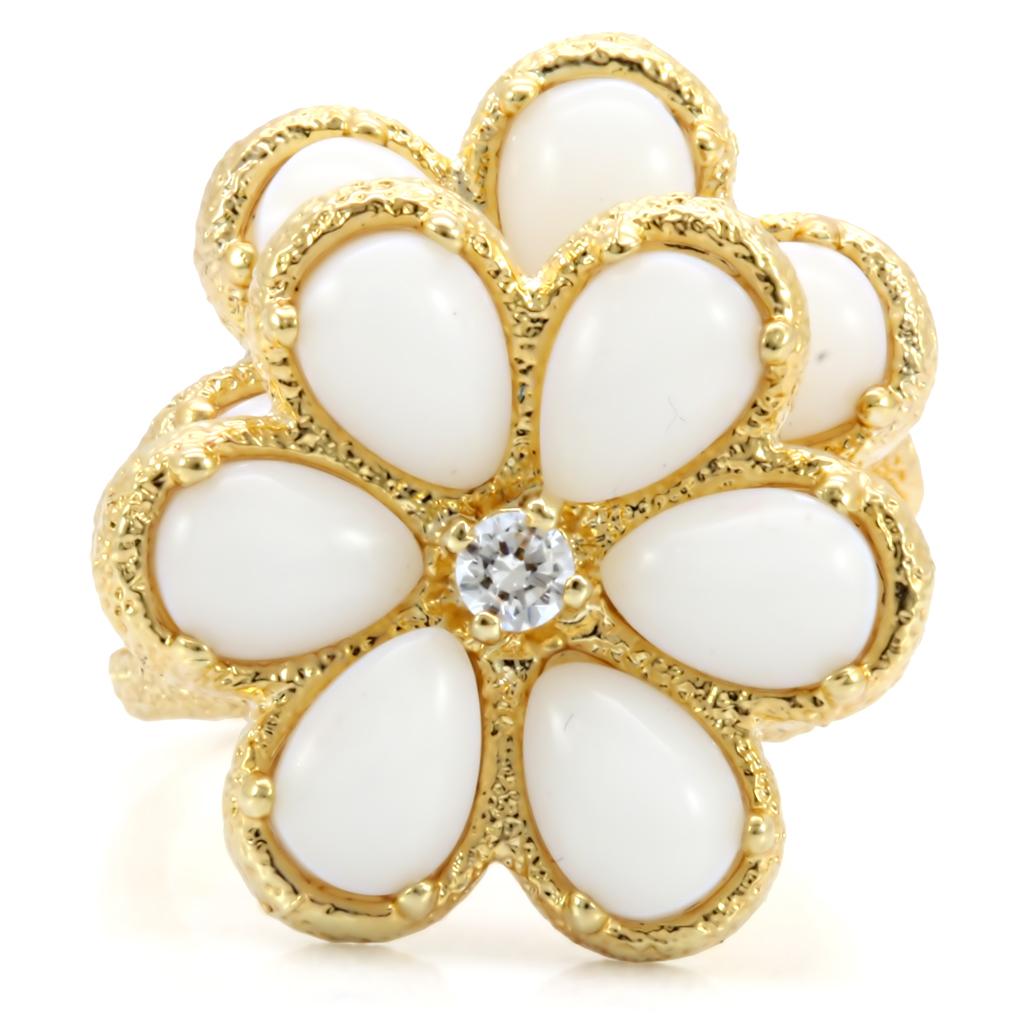 1W045 - Gold Brass Ring with Synthetic Synthetic Glass in White-2