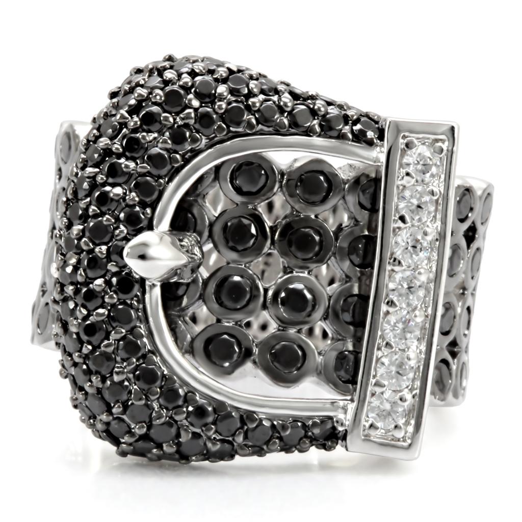 1W048 - Rhodium + Ruthenium Brass Ring with AAA Grade CZ  in Black Diamond-2