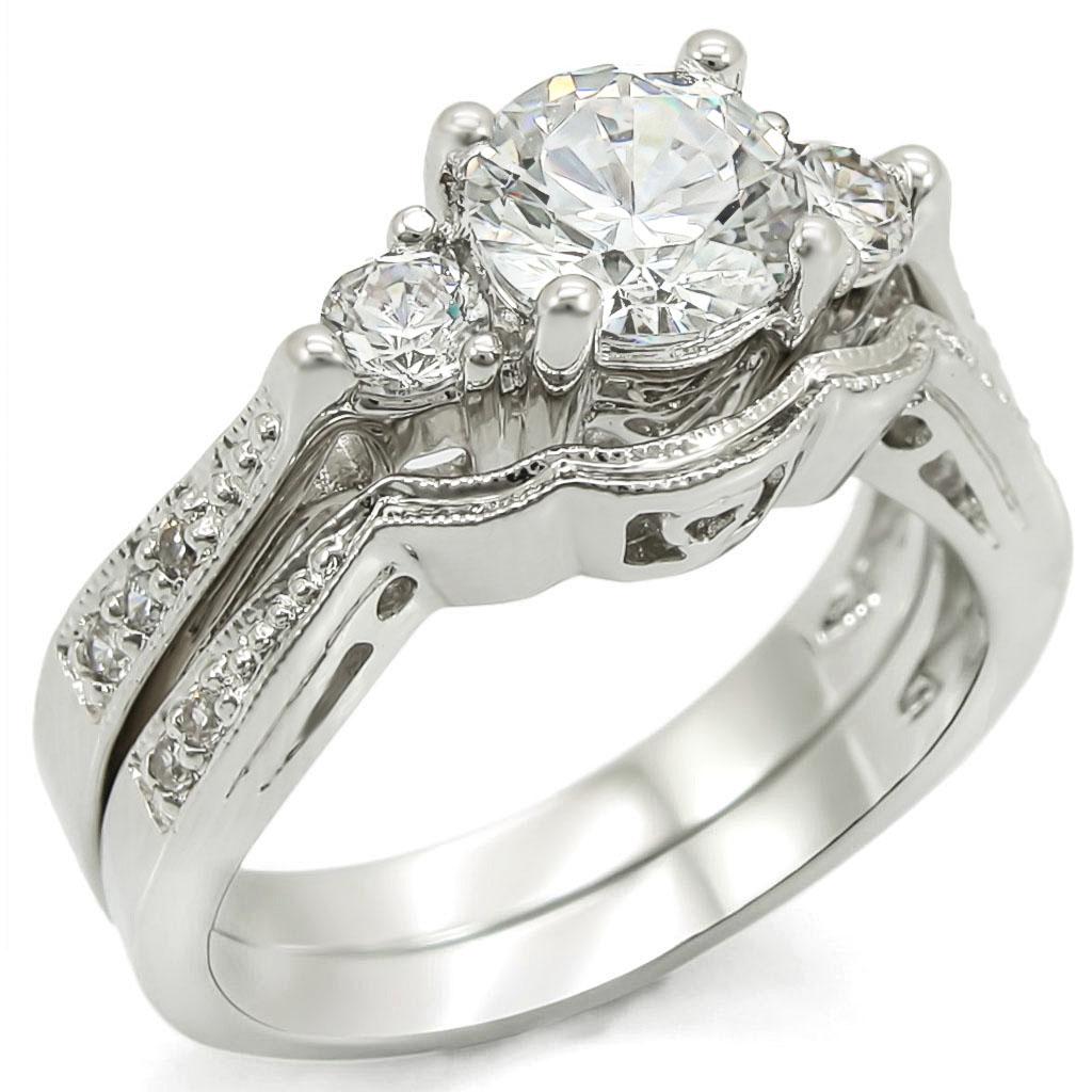 1W002 - Rhodium Brass Ring with AAA Grade CZ  in Clear-0
