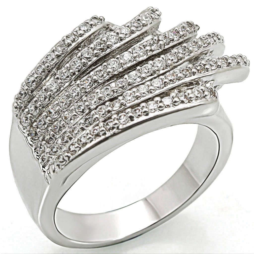 1W018 - Rhodium Brass Ring with AAA Grade CZ  in Clear-0