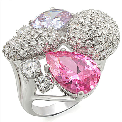 1W021 - Rhodium Brass Ring with AAA Grade CZ  in Multi Color-0