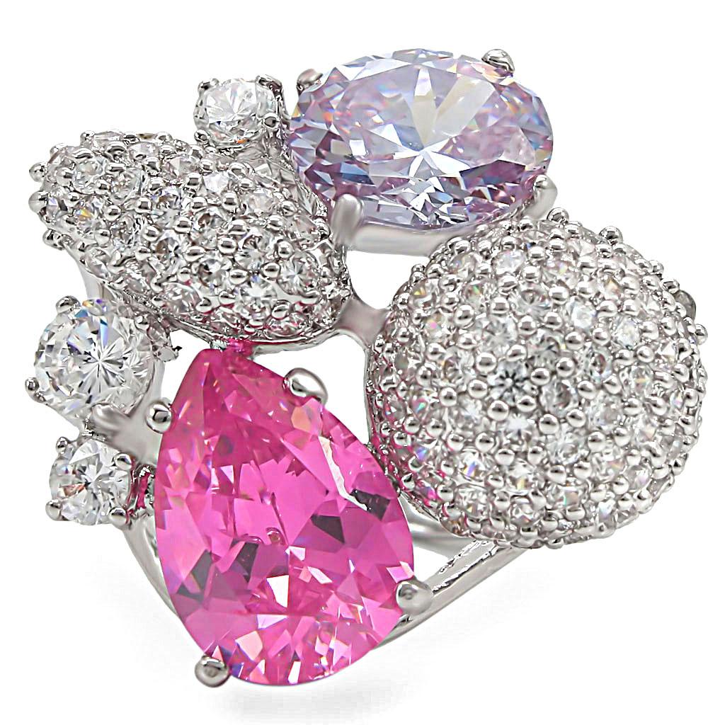 1W021 - Rhodium Brass Ring with AAA Grade CZ  in Multi Color-2