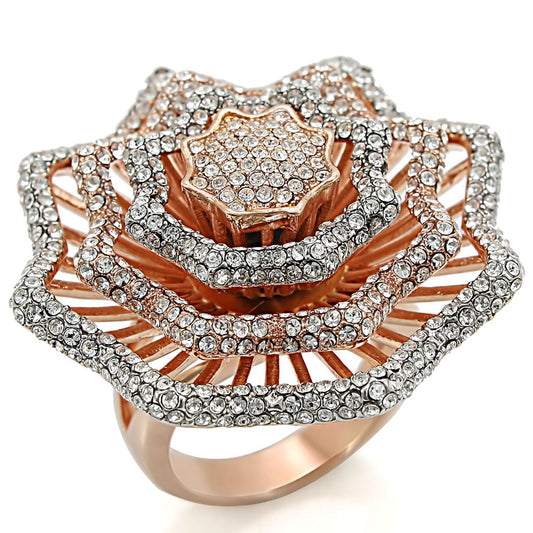 1W023 - Rose Gold + Rhodium Brass Ring with Top Grade Crystal  in Clear-0
