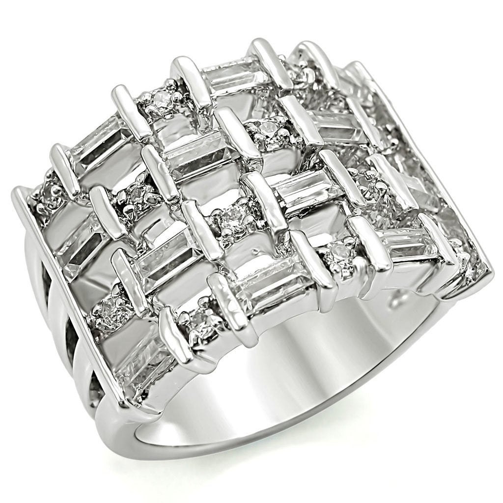 1W024 - Rhodium Brass Ring with AAA Grade CZ  in Clear-0