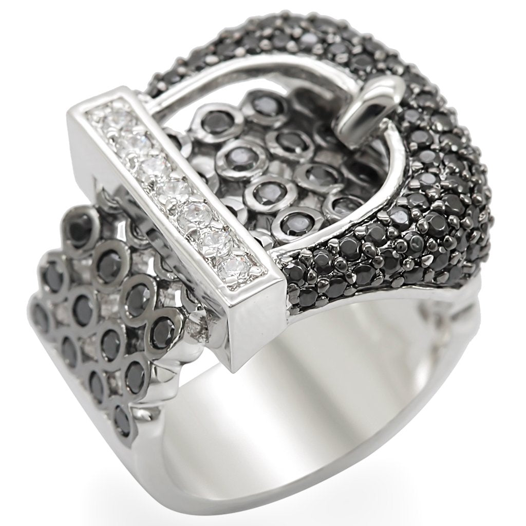 1W048 - Rhodium + Ruthenium Brass Ring with AAA Grade CZ  in Black Diamond-0