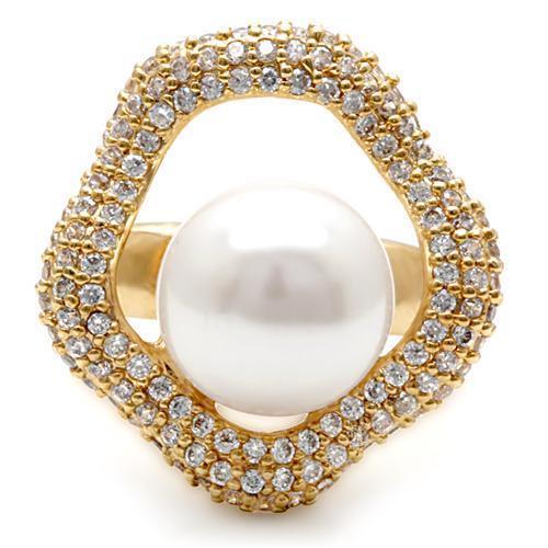 1W103 - Gold Brass Ring with Synthetic Pearl in White-2