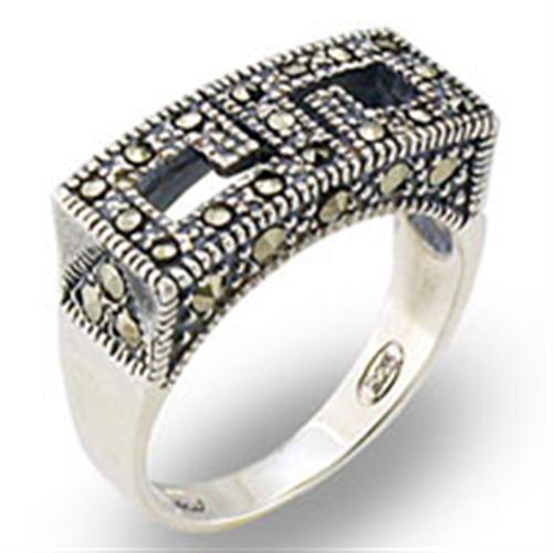 31002 - Antique Tone 925 Sterling Silver Ring with Semi-Precious Marcasite in Jet-0