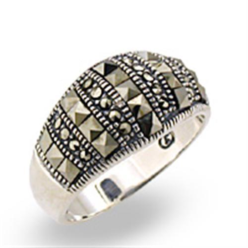 32306 - Antique Tone 925 Sterling Silver Ring with Semi-Precious Marcasite in Jet-0