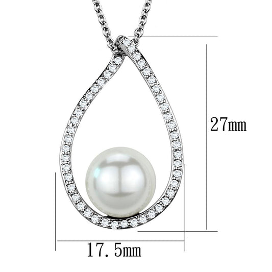3W1036 - Rhodium Brass Chain Pendant with Synthetic Pearl in White-1