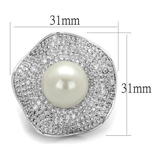 3W1080 - Rhodium Brass Ring with Synthetic Pearl in White-1