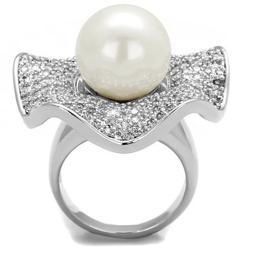 3W1080 - Rhodium Brass Ring with Synthetic Pearl in White-2