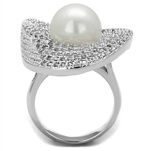 3W1082 - Rhodium Brass Ring with Synthetic Pearl in White-2