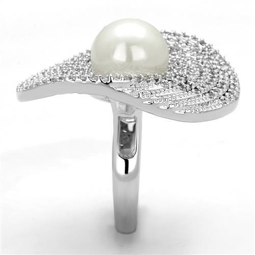3W1082 - Rhodium Brass Ring with Synthetic Pearl in White-3