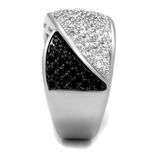 3W1089 - Rhodium + Ruthenium Brass Ring with AAA Grade CZ  in Black Diamond-3