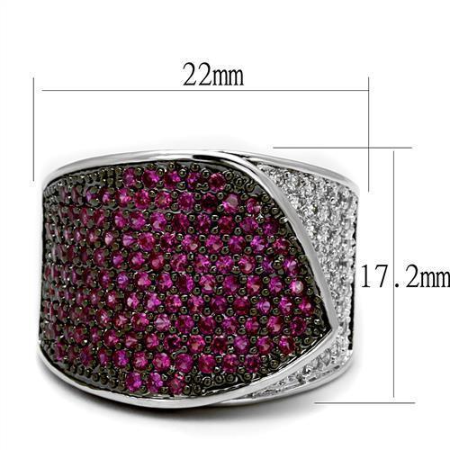 3W1217 - Rhodium + Ruthenium Brass Ring with AAA Grade CZ  in Ruby-1