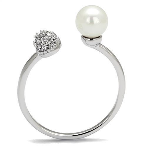 3W1230 - Rhodium Brass Ring with Synthetic Pearl in White-2