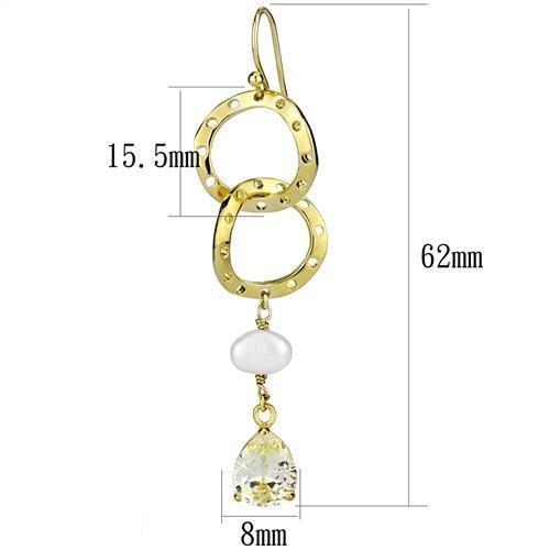 3W1312 - Gold Brass Earrings with Semi-Precious Pearl in White-1