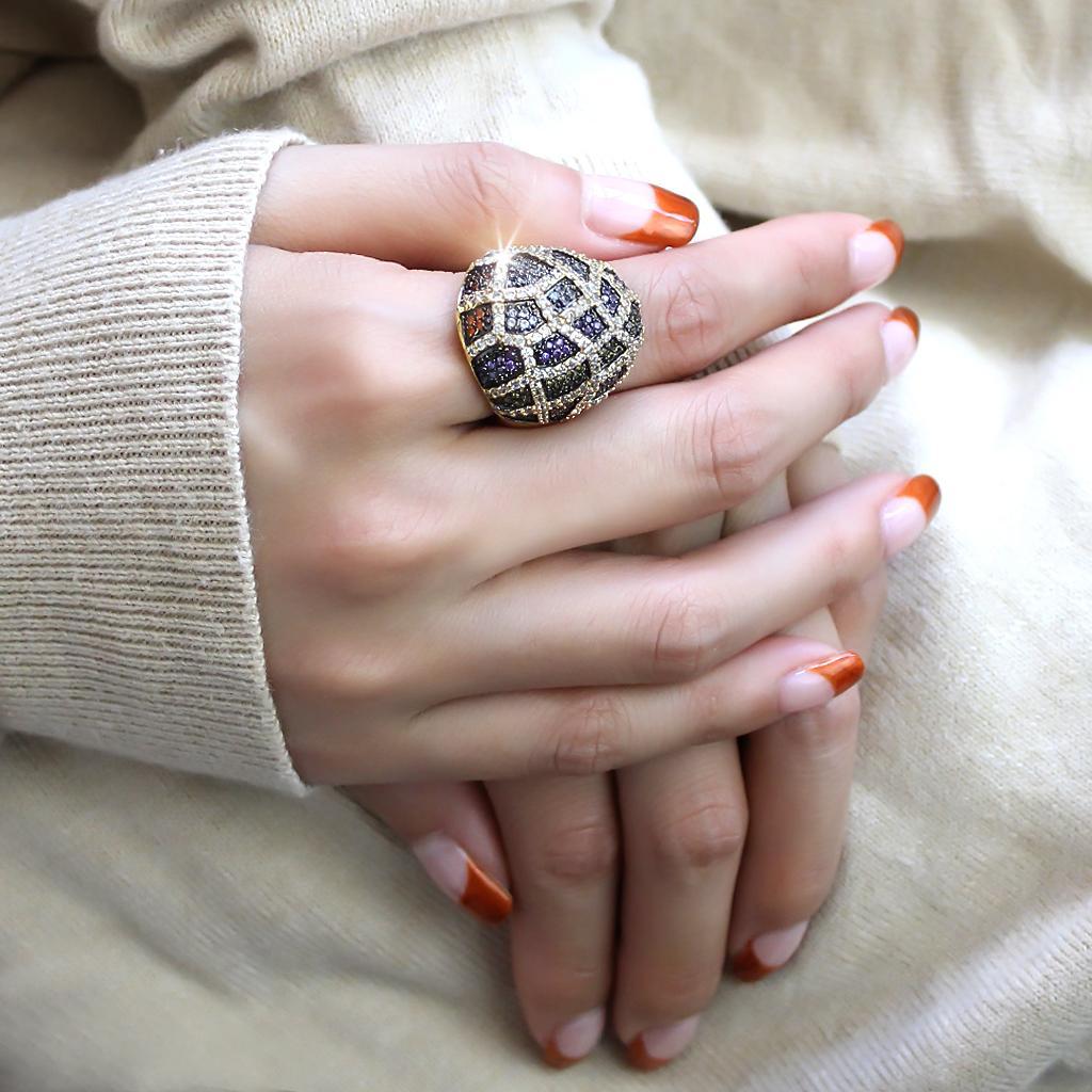 3W1461 - Gold+Ruthenium Brass Ring with AAA Grade CZ  in Multi Color-4