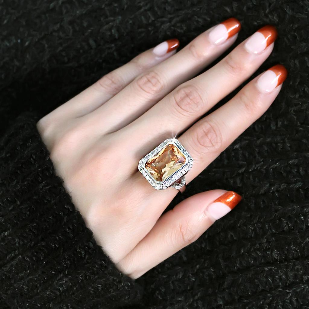 3W1471 - Rhodium Brass Ring with AAA Grade CZ  in Champagne-4