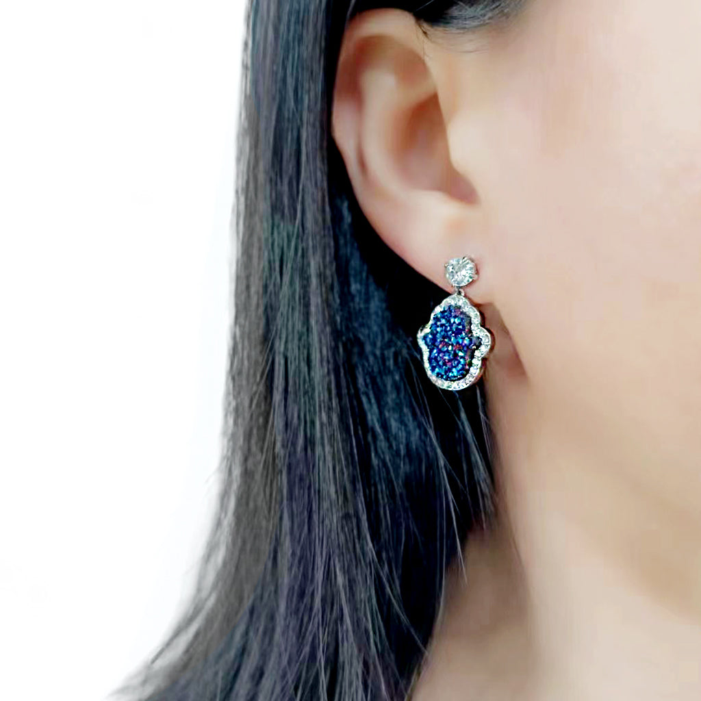 3W1723E -  Imitation Rhodium+E-coating Brass Earring with Druzy in Capri Blue-3
