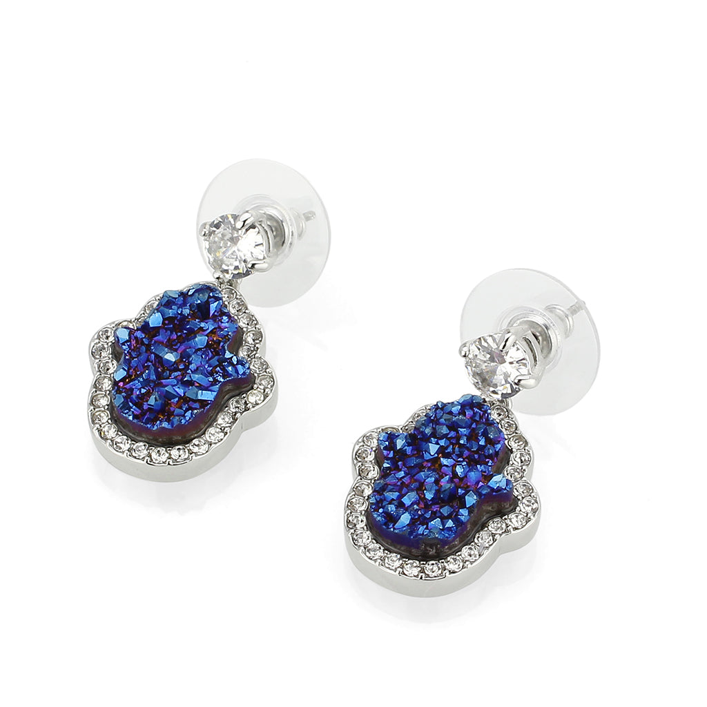 3W1723E -  Imitation Rhodium+E-coating Brass Earring with Druzy in Capri Blue-2
