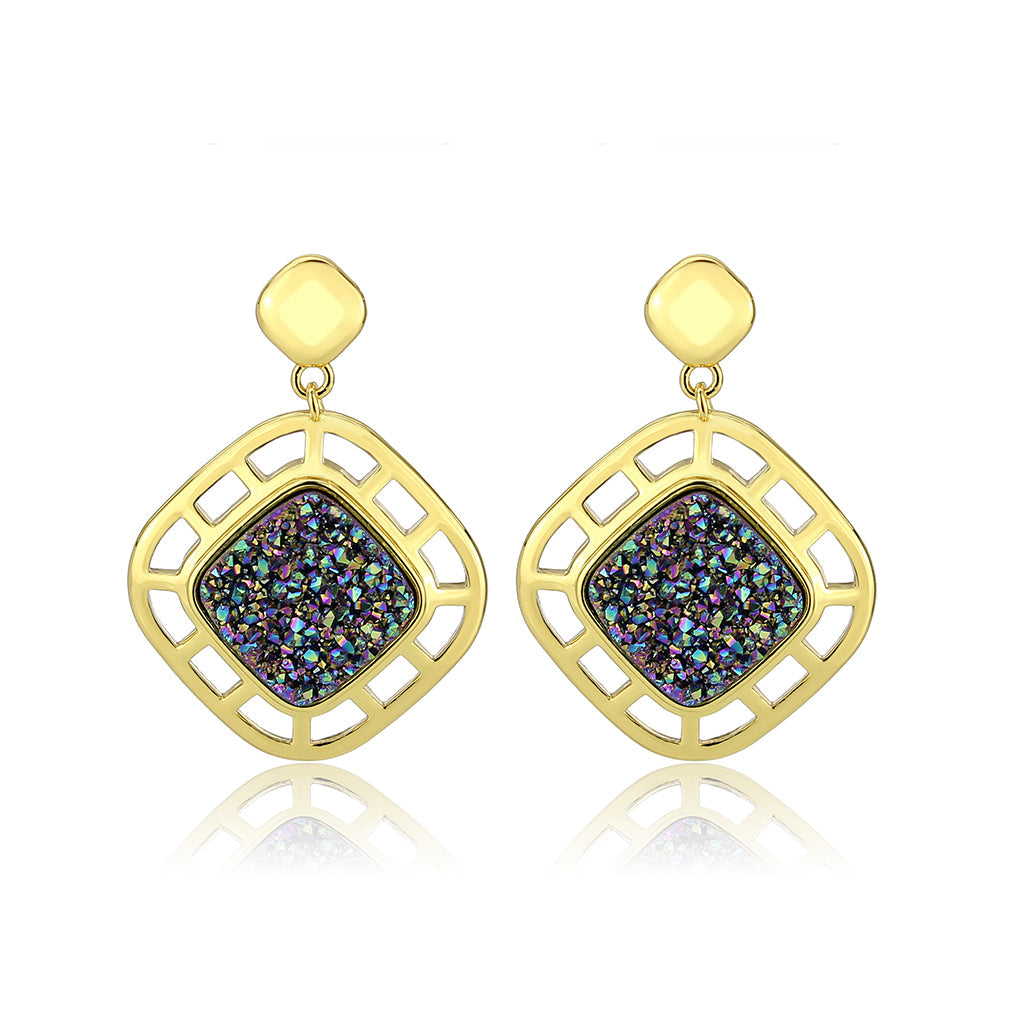 3W1724E - Flash Gold+E-coating Brass Earring with Druzy in Purple Series-3