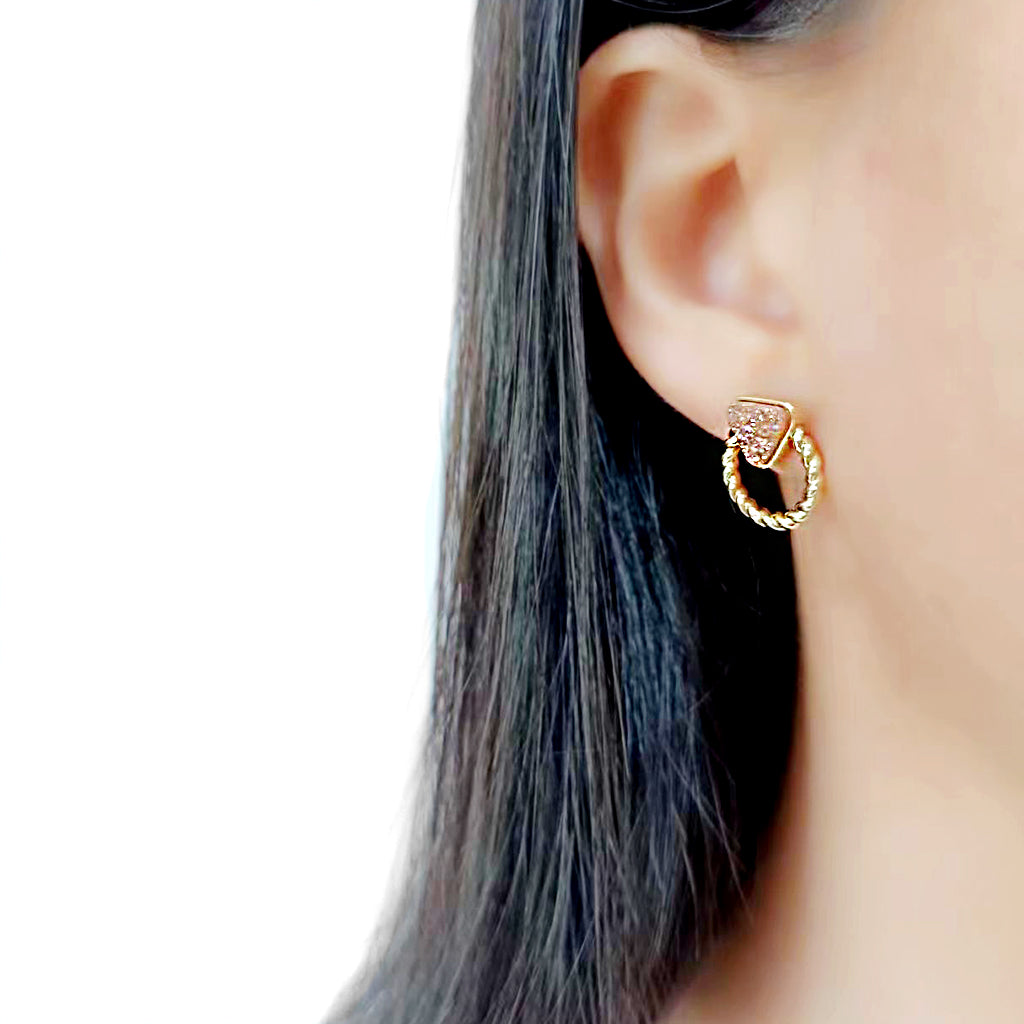 3W1727E - Flash Gold+E-coating Brass Earring with Druzy in Rose Gold-2