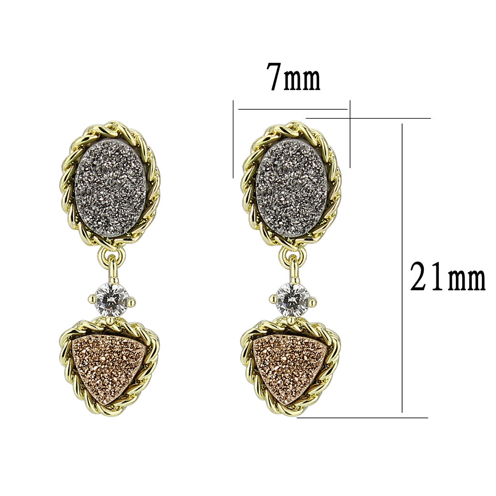 3W1728E - Flash Gold+E-coating Brass Earring with Druzy in MultiColor-0