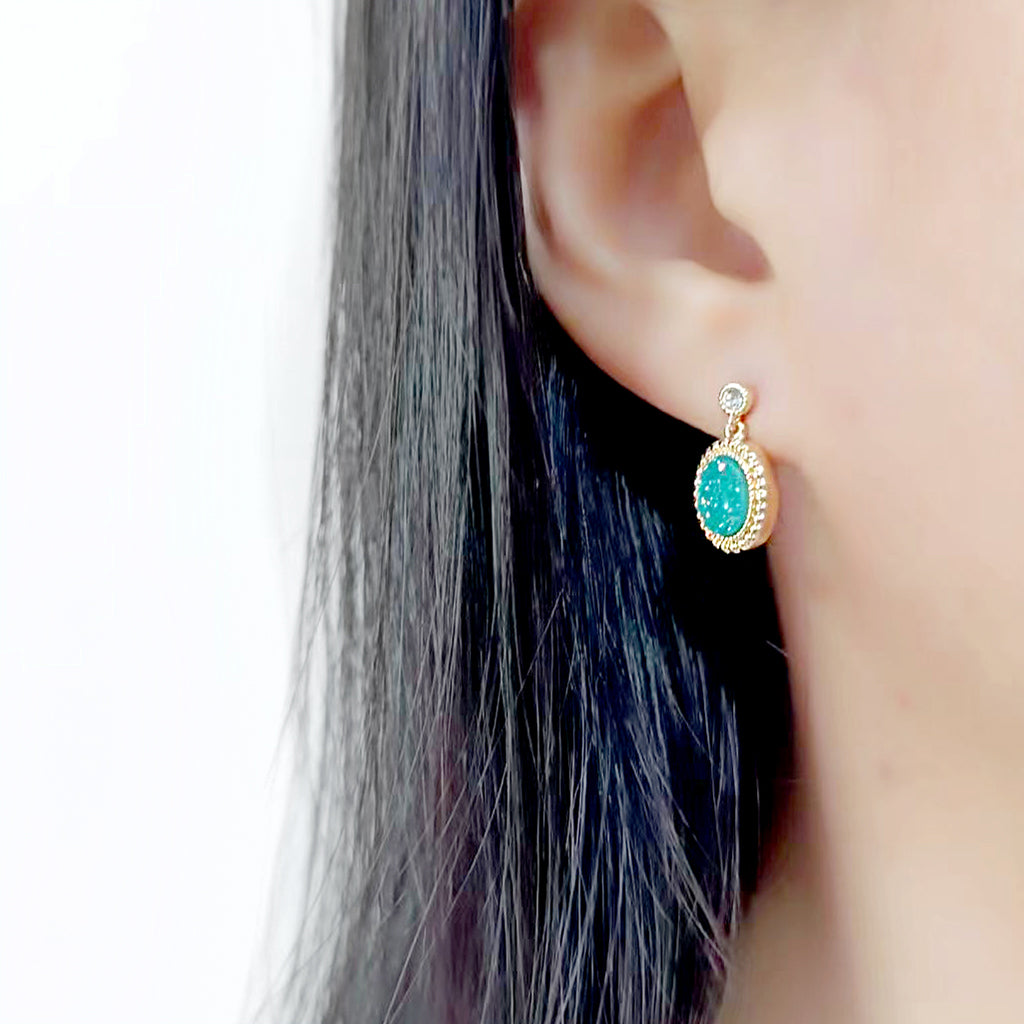 3W1731E - Flash Gold+E-coating Brass Earring with Druzy in Sea Blue-2