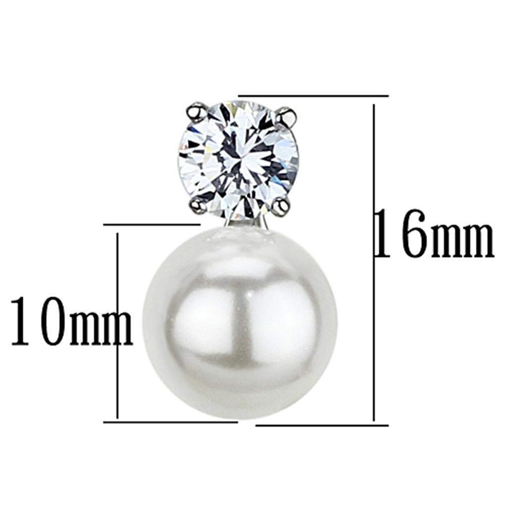 3W348 - Rhodium Brass Earrings with Synthetic Pearl in White-1