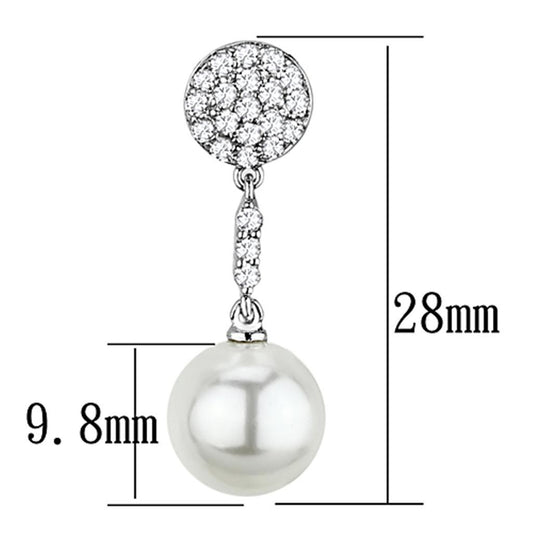 3W350 - Rhodium Brass Earrings with Synthetic Pearl in White-1