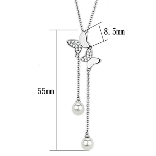 3W442 - Rhodium Brass Necklace with Synthetic Pearl in White-1