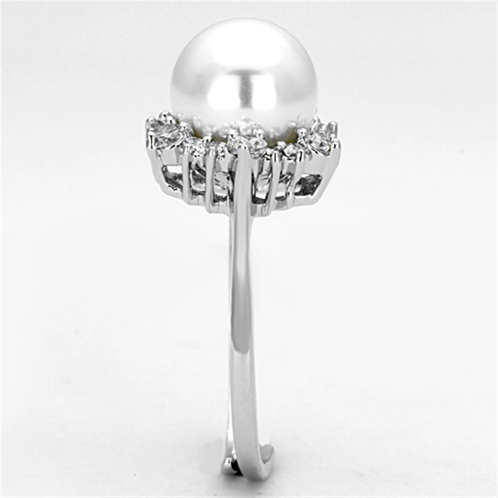 3W477 - Rhodium Brass Ring with Synthetic Pearl in White-3
