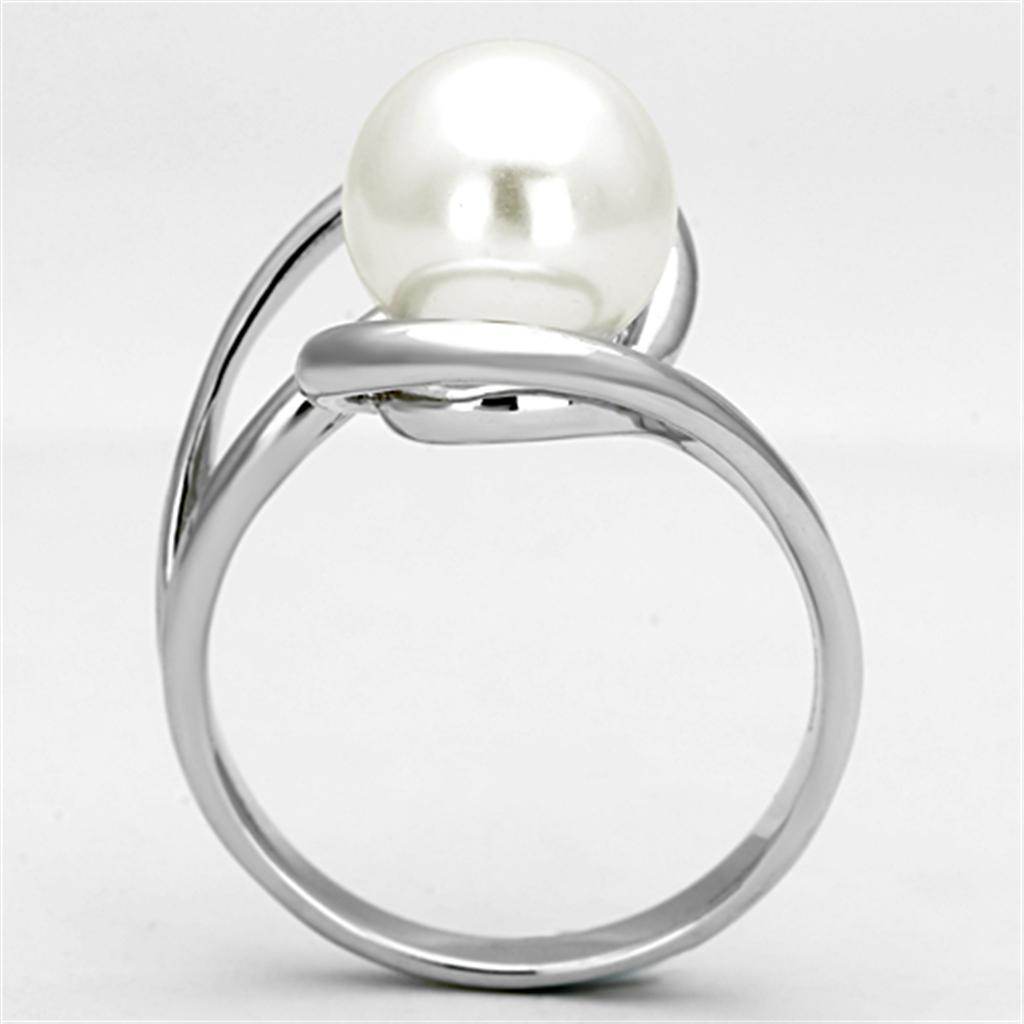 3W512 - Rhodium Brass Ring with Synthetic Pearl in White-2